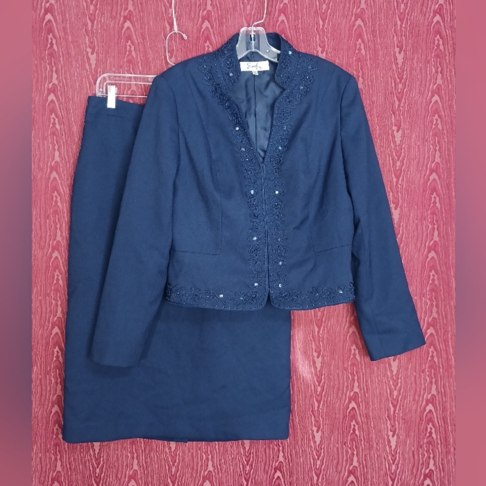 EMILY 2 Piece 12 Jacket Dark Blue Sequin Eye Hook Long Sleeve Skirt Suit Women's